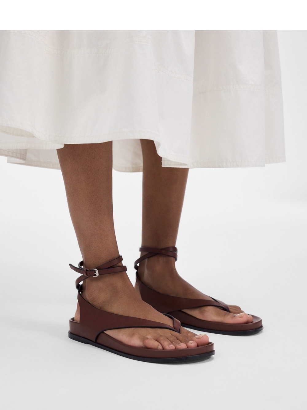 The Eleni Ankle-Wrap Thong Sandal - Cherry Wood
